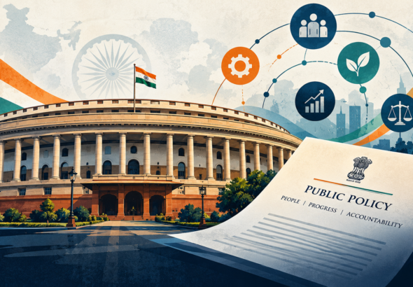 Original representative illustration of Parliament and public policy, branded Indian Political Hub