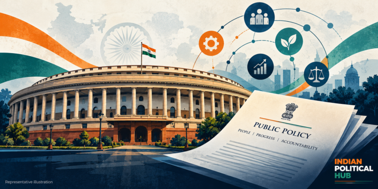 Original representative illustration of Parliament and public policy, branded Indian Political Hub