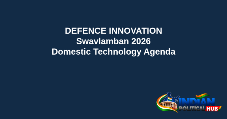 Branded editorial headline graphic: DEFENCE INNOVATION. Swavlamban 2026. Domestic Technology Agenda. Includes Indian Political Hub logo.