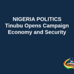 Branded editorial headline graphic: NIGERIA POLITICS. Tinubu Opens Campaign. Economy and Security. Includes Indian Political Hub logo.