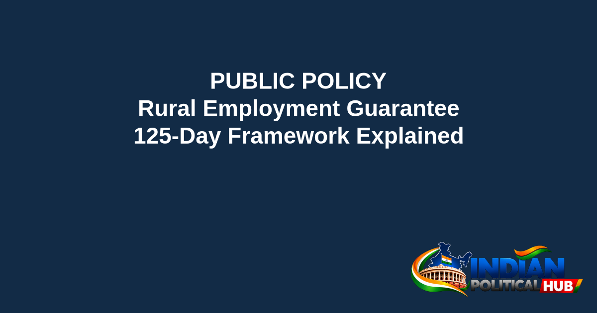 Branded editorial headline graphic: PUBLIC POLICY. Rural Employment Guarantee. 125-Day Framework Explained. Includes Indian Political Hub logo.